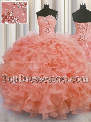 Unique Royal Blue Ball Gowns Sweetheart Sleeveless Organza Floor Length Lace Up Beading and Ruffles Sweet 16 Dress