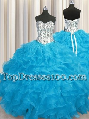Customized Organza Long Sleeves Floor Length Ball Gown Prom Dress and Beading and Ruffles