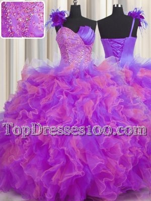 Handcrafted Flower Floor Length Multi-color Quince Ball Gowns One Shoulder Sleeveless Lace Up