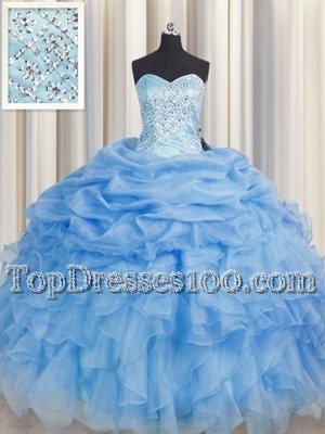 Fashionable Baby Blue Ball Gowns Sweetheart Sleeveless Organza Floor Length Lace Up Beading and Ruffles 15th Birthday Dress