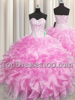 Charming Visible Boning Zipper Up Rose Pink Ball Gowns Organza Sweetheart Sleeveless Beading and Ruffles Floor Length Zipper Quinceanera Dresses
