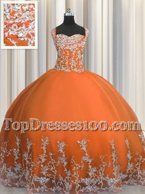 Orange Red Ball Gowns Straps Sleeveless Tulle Floor Length Lace Up Beading and Appliques Quinceanera Gowns