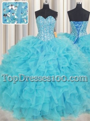 Customized Baby Blue Sleeveless Organza Lace Up Quinceanera Dress for Military Ball and Sweet 16 and Quinceanera