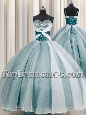 Spaghetti Straps Half Sleeves Lace Up Quinceanera Dress Teal Organza