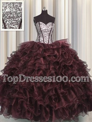 Custom Fit Sequins Visible Boning Brown Sleeveless Organza and Sequined Lace Up Sweet 16 Quinceanera Dress for Military Ball and Sweet 16 and Quinceanera
