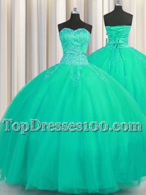 Glorious Really Puffy Turquoise Quince Ball Gowns Military Ball and Sweet 16 and Quinceanera and For with Beading Sweetheart Sleeveless Lace Up