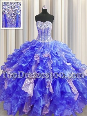 Visible Boning Sleeveless Floor Length Beading and Ruffles and Sequins Lace Up Quinceanera Dress with Royal Blue