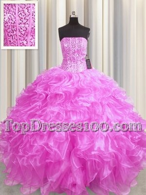 Visible Boning Organza Strapless Sleeveless Lace Up Beading and Ruffles 15 Quinceanera Dress in Rose Pink
