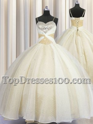 Champagne Ball Gowns Spaghetti Straps Sleeveless Organza Floor Length Lace Up Beading and Ruching Quinceanera Dresses