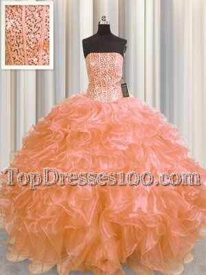 Visible Boning Orange Strapless Lace Up Beading and Ruffles Quinceanera Gown Sleeveless
