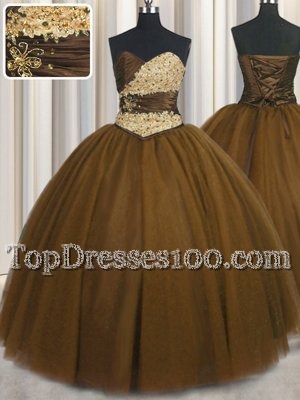 Ideal Brown Lace Up Sweetheart Beading and Appliques and Ruching and Belt Quinceanera Dresses Tulle Sleeveless