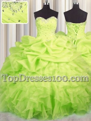 Adorable Pick Ups Sweetheart Sleeveless Lace Up Sweet 16 Quinceanera Dress Yellow Green Organza