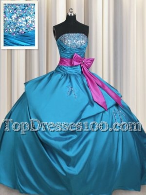 Strapless Sleeveless Taffeta Ball Gown Prom Dress Beading and Ruching and Bowknot Lace Up