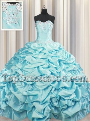 Amazing Brush Train Aqua Blue 15 Quinceanera Dress Taffeta Sweep Train Sleeveless Beading and Pick Ups