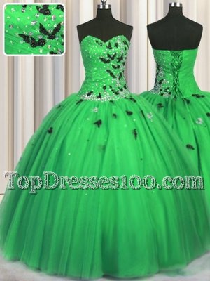 Beauteous Green Sleeveless Floor Length Beading and Appliques Lace Up Vestidos de Quinceanera
