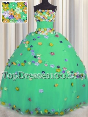 Charming Floor Length Turquoise 15th Birthday Dress Tulle Sleeveless Hand Made Flower