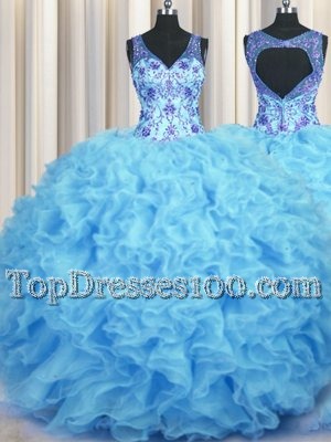Fine V Neck Baby Blue Sleeveless Beading and Appliques and Ruffles Floor Length Quinceanera Gowns