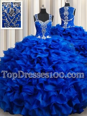 Great Straps Straps Royal Blue Ball Gowns Beading and Appliques and Ruffles Ball Gown Prom Dress Lace Up Organza Sleeveless Floor Length