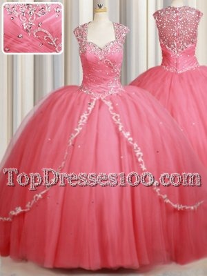 Admirable Watermelon Red Sweet 16 Dresses Straps Cap Sleeves Sweep Train Zipper