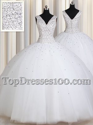 Fabulous White Straps Zipper Beading and Sequins Quinceanera Dress Sleeveless
