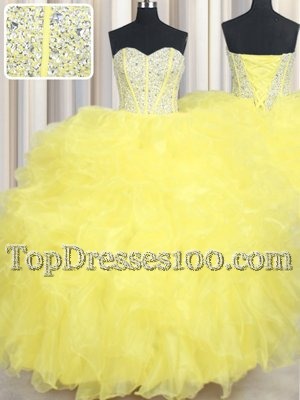 Fantastic Floor Length Lace Up Quinceanera Gown Yellow and In for Military Ball and Sweet 16 and Quinceanera with Beading and Ruffles