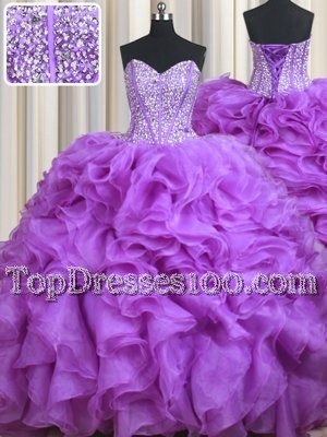 Lilac Sweetheart Lace Up Beading and Ruffles 15th Birthday Dress Sweep Train Sleeveless