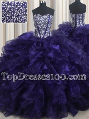 Stylish Sleeveless With Train Beading and Ruffles Lace Up Quince Ball Gowns with Purple Brush Train