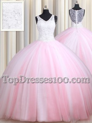 High Quality Straps Straps Pink And White Sleeveless Tulle Zipper Quinceanera Gowns for Military Ball and Sweet 16 and Quinceanera