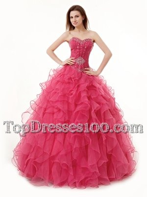 Top Selling Organza Sweetheart Sleeveless Lace Up Beading and Ruffles Ball Gown Prom Dress in Coral Red
