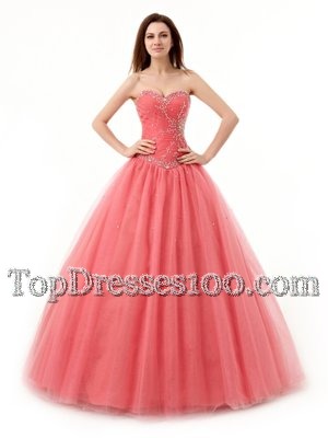 Custom Made Watermelon Red A-line Tulle Sweetheart Sleeveless Beading and Ruching Floor Length Lace Up Sweet 16 Dresses