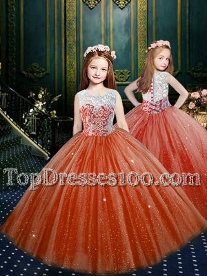 Glamorous Clasp Handle Scoop Sleeveless Toddler Flower Girl Dress Floor Length Appliques Orange Red Tulle