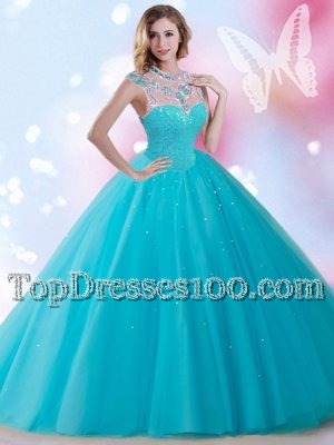 Stunning Aqua Blue Ball Gowns High-neck Sleeveless Tulle Floor Length Zipper Beading and Sequins Quinceanera Gowns