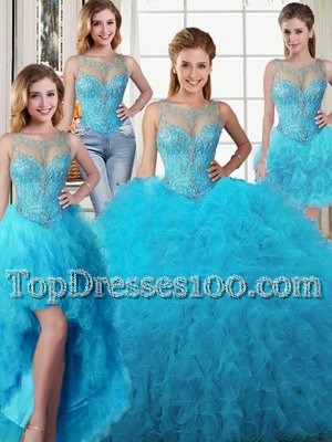 Four Piece Scoop Baby Blue Sleeveless Beading and Ruffles Floor Length Ball Gown Prom Dress