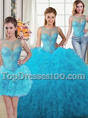 Perfect Three Piece Baby Blue Ball Gowns Scoop Sleeveless Tulle Floor Length Lace Up Beading and Ruffles Sweet 16 Quinceanera Dress