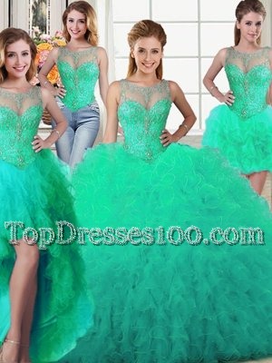 Simple Four Piece Turquoise Scoop Neckline Beading and Ruffles Quinceanera Dress Sleeveless Lace Up