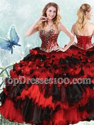 On Sale Red And Black Lace Up Quinceanera Gowns Beading and Ruffled Layers and Sequins Sleeveless Floor Length