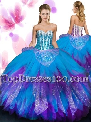 Royal Blue Ball Gowns Tulle Sweetheart Sleeveless Beading With Train Lace Up Quinceanera Gown Brush Train
