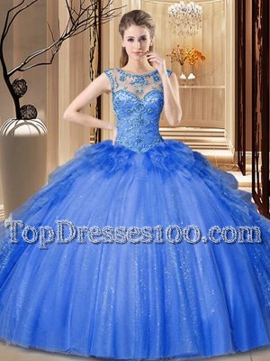 Scoop Sleeveless Quince Ball Gowns Floor Length Ruffles Blue Tulle and Sequined