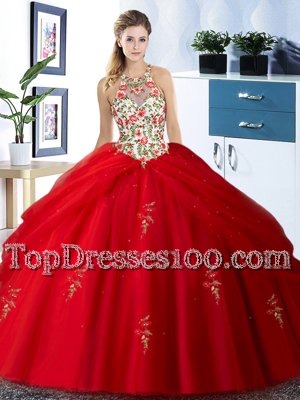 Pick Ups Ball Gowns Vestidos de Quinceanera Red Halter Top Tulle Sleeveless Floor Length Lace Up
