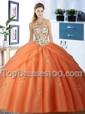 Pick Ups Ball Gowns Vestidos de Quinceanera Orange Halter Top Tulle Sleeveless Floor Length Lace Up