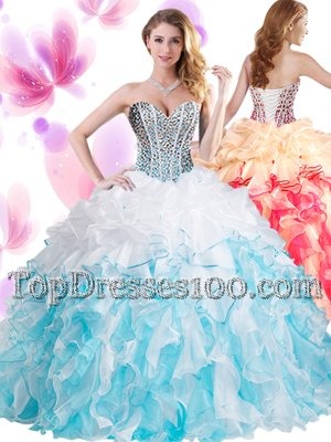 Blue And White Sleeveless Floor Length Beading and Ruffles Lace Up Sweet 16 Dress