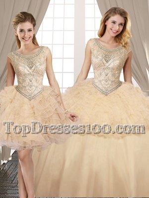 Three Piece Champagne Ball Gowns Scoop Sleeveless Organza and Tulle Floor Length Lace Up Beading and Ruffles Sweet 16 Dress