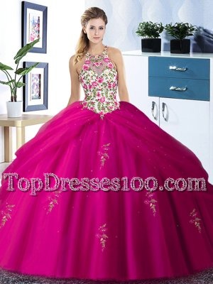 Halter Top Fuchsia Sleeveless Floor Length Embroidery and Pick Ups Lace Up Sweet 16 Dress