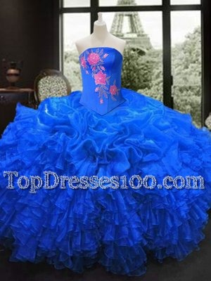 High Quality Strapless Sleeveless Lace Up Quinceanera Gown Royal Blue Organza