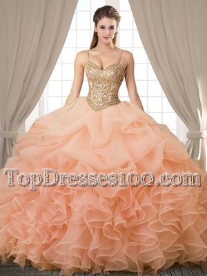 Pick Ups Floor Length Peach Sweet 16 Dresses Spaghetti Straps Sleeveless Lace Up