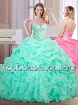 High End Apple Green Sleeveless Beading and Ruffles and Pick Ups Floor Length 15th Birthday Dress