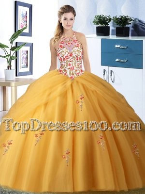 Super Halter Top Embroidery and Pick Ups Sweet 16 Quinceanera Dress Gold Lace Up Sleeveless Floor Length