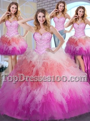 Excellent Four Piece Multi-color Tulle Lace Up Sweet 16 Dress Sleeveless Floor Length Beading and Ruffles