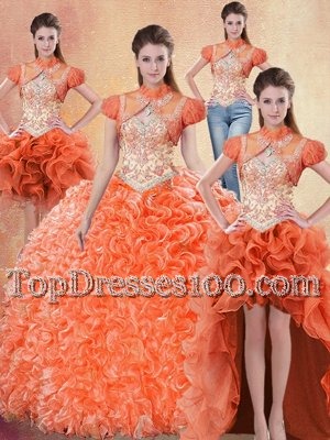 Beauteous Four Piece Orange Red Ball Gowns Straps Sleeveless Organza With Brush Train Lace Up Beading and Ruffles Sweet 16 Quinceanera Dress
