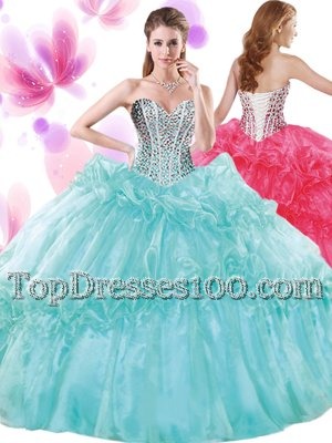 Sleeveless Organza Floor Length Lace Up Quinceanera Dresses in Turquoise for with Beading and Pick Ups